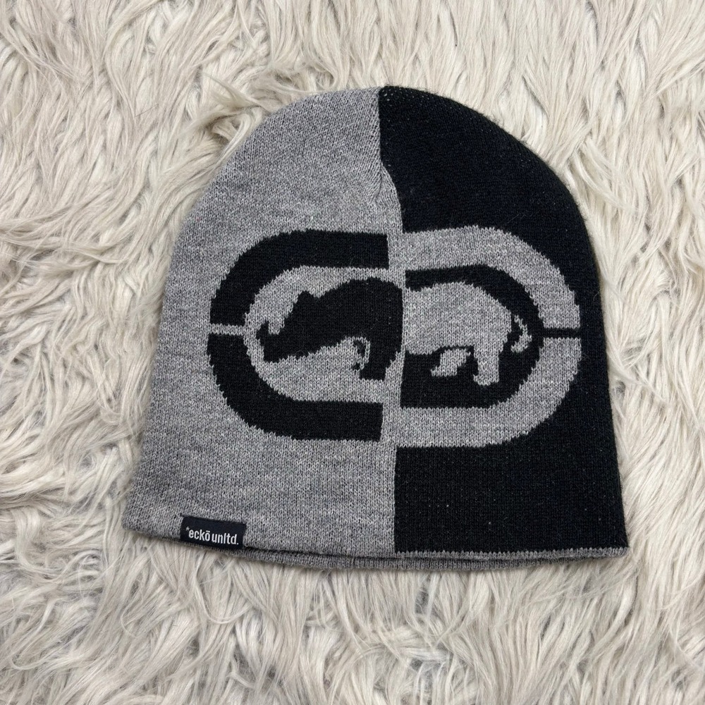Vintage Y2K Ecko Unltd. Men's OS Two Toned Beanie Hat Gray Black Urban Street